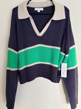 Spiritual Gangster Sporty Blue Green Striped Oversized V-Neck Sweater Size L NEW